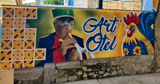 Description Technique: Spray paint on wall Dimensions: 10m x 1.5m · Approximately 15 m² Client: Art Otel Description Mural created for the outdoor terrace of Art Otel, a well-known accommodation and leisure space in Barcelos, frequently visited by interna